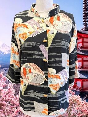 Iolani Womens Sz L Blouse Japanese Kimono Pattern Print Top Mandarin Collar